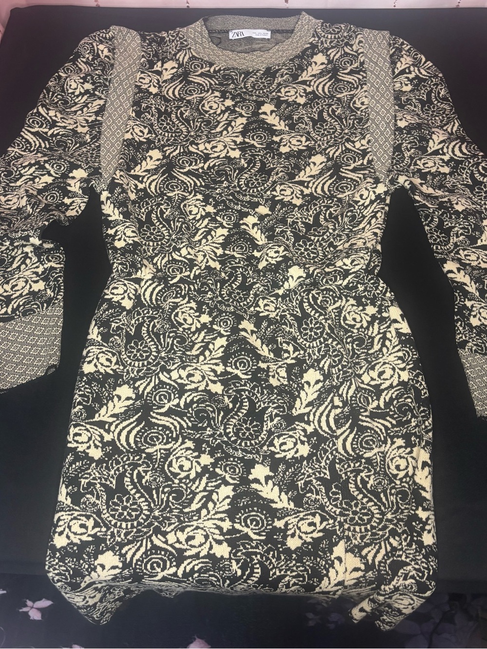 Zara Black and Cream Floral Knit Long-Sleeve Dress